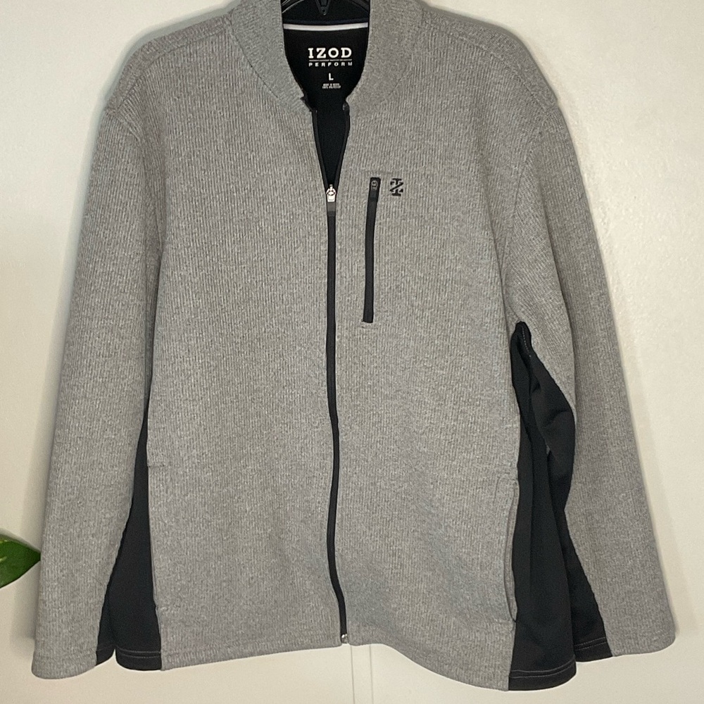 IZOD Men's Light Gray and Black Zip-Up Sweater